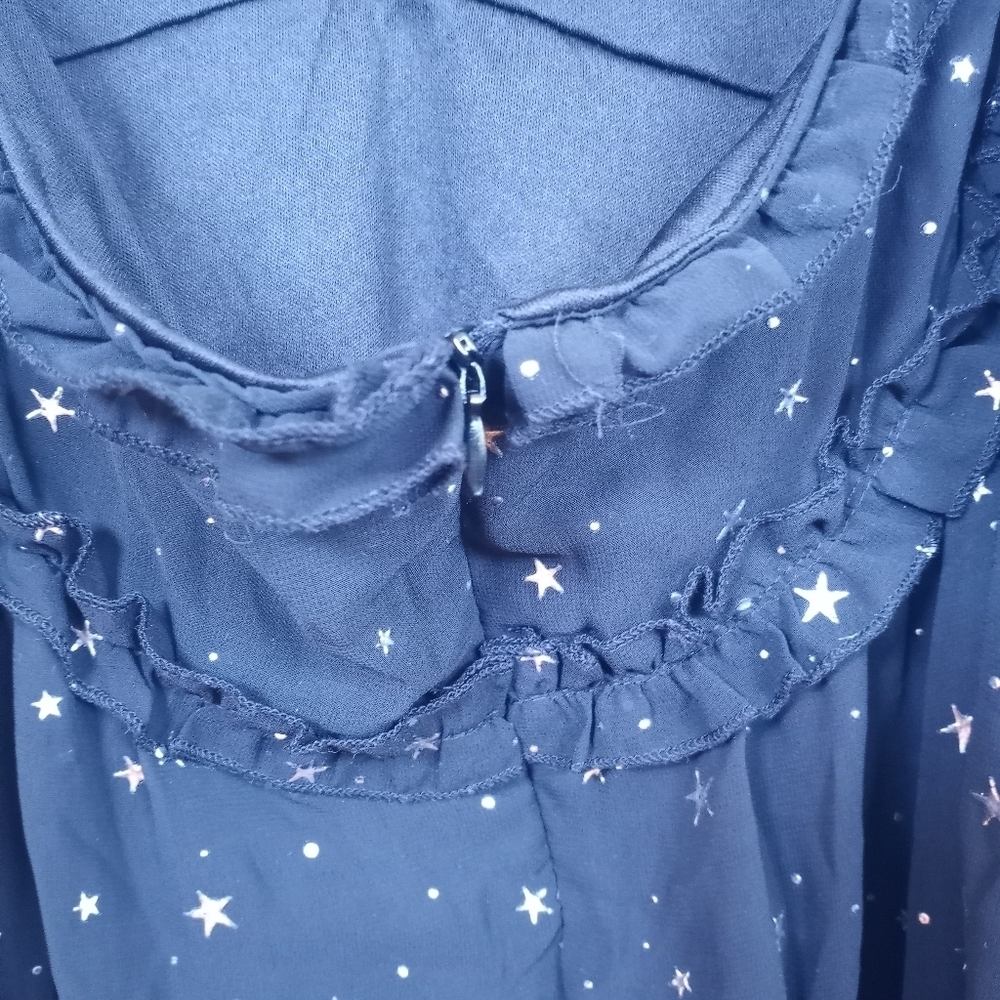 Whimsigoth Sheer Black Silver Star Ruffled Deep V Festive Holiday Dress XL - Picture 7 of 11